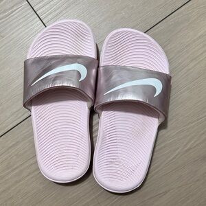 Girls Nike Pink Slide Sandals with Metallic Rose Strap